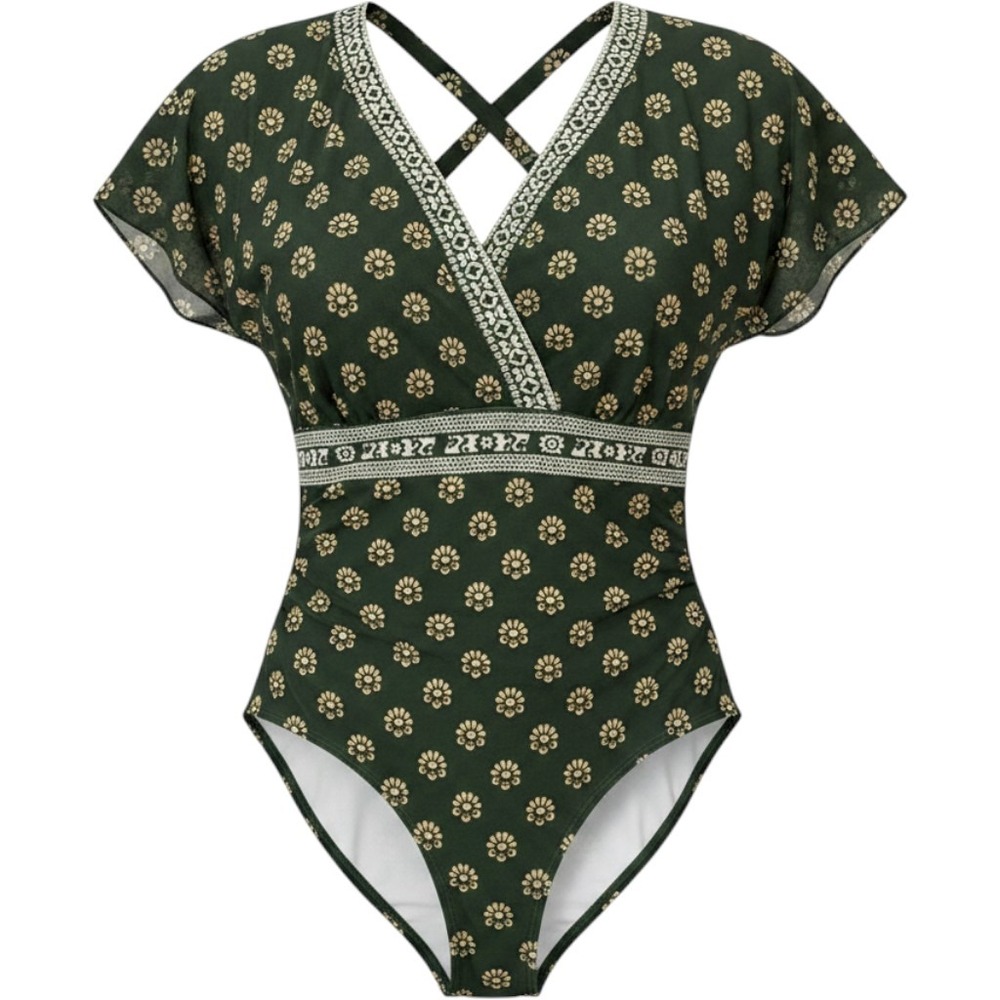 BloomChic Swimsuit One Piece Plus Size 22/24 Olive Green Floral Boho  NWT